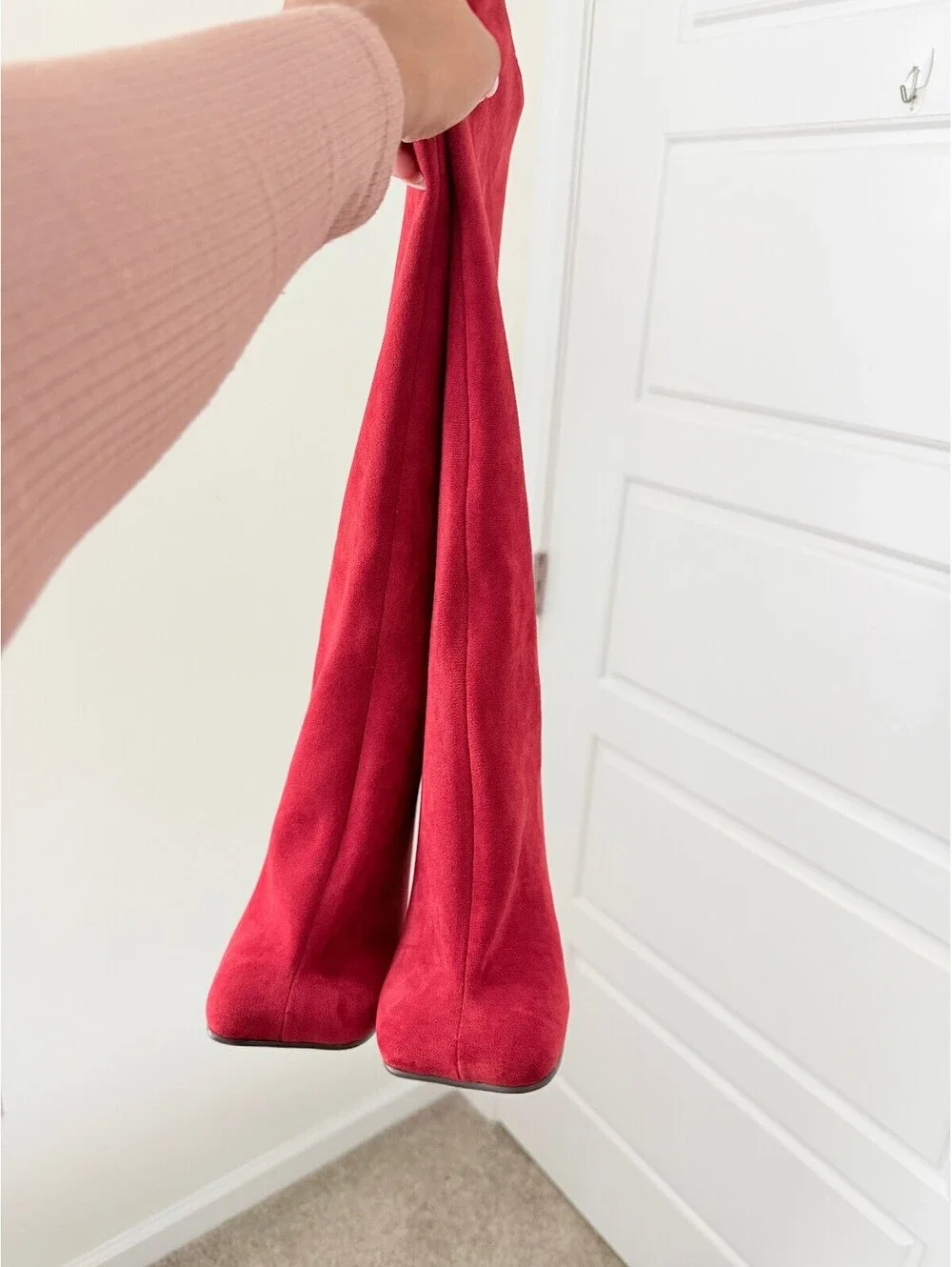 Red Suede Knee High Boots Women’s Size 7 Stiletto Heel Y2K